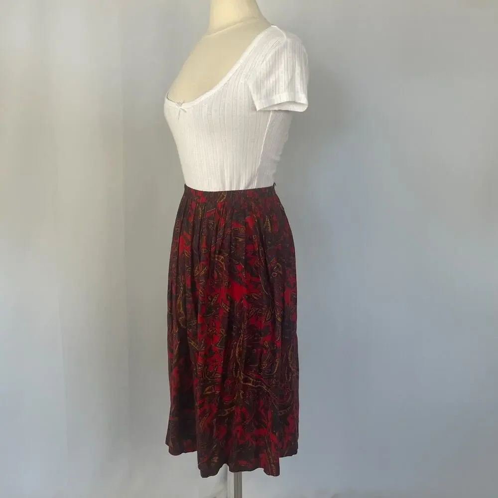 Vintage Midi Skirt Size 10 Red Paisley Pleated A Line Retro Preppy Academia 90s